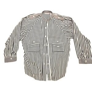 Laura & Jayne 16 Vintage Blouse Striped B/W‎ XL Roll Tab Slvs Button Front
